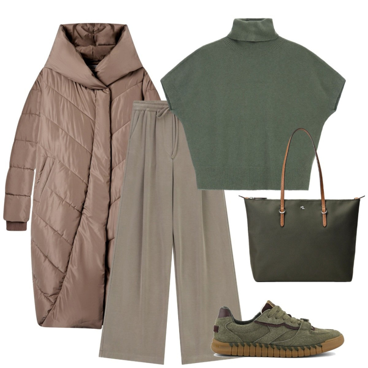Outfit donna - Pioggia d\'ottobre. Stile Basic per Tutti i giorni. Abbinamento con cappotti, maglieria, pantaloni a palazzo, borse tote, sneakers.