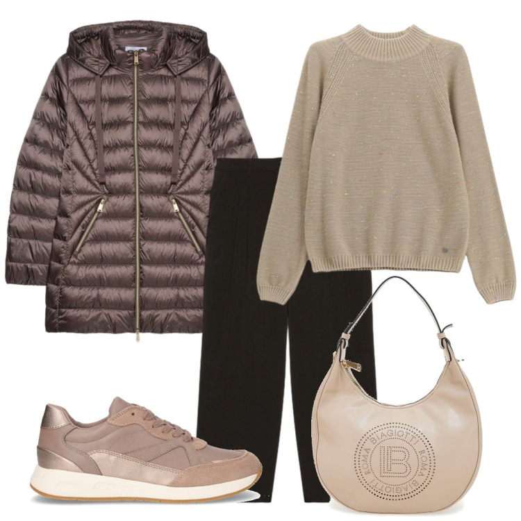 Outfit donna - Il freddo si fa sentire. Stile Basic per Tutti i giorni. Abbinamento con maglieria, piumini, sneakers, pantaloni, borse a spalla.