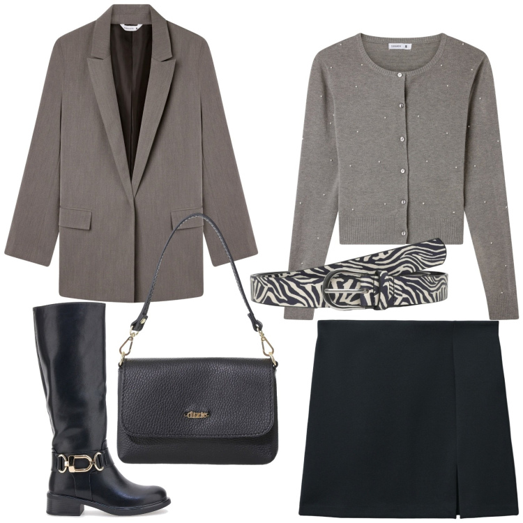Outfit donna - Un tocco di animalier. Stile Glamour per Tutti i giorni. Abbinamento con cardigans, minigonne, blazer, cinture, borse a tracolla, stivali.