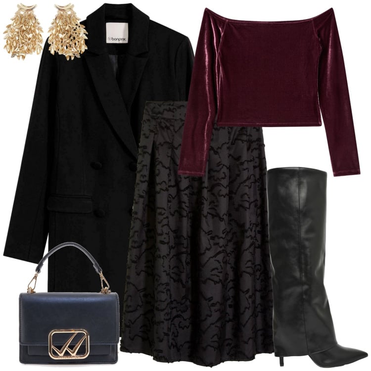 Outfit donna - Fall Chic cerimonia o serata speciale!. Stile Chic per Cerimonia. Abbinamento con gonne longuette, blazer, bluse, stivali, orecchini, borse a tracolla.