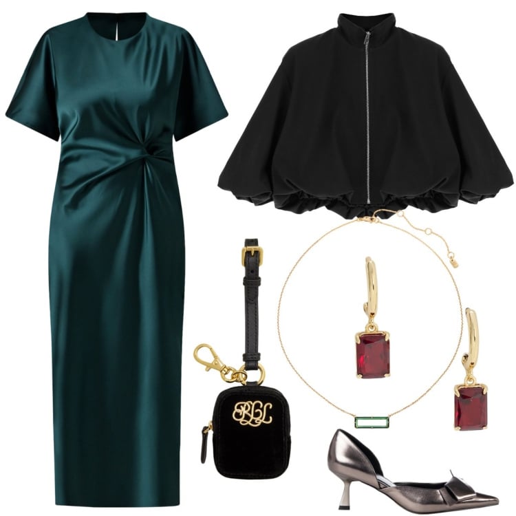 Outfit donna - Glamour autunnale. Stile Glamour per Cerimonia. Abbinamento con vestiti midi/longuette, décolleté, bomber, collane, pochette, orecchini.