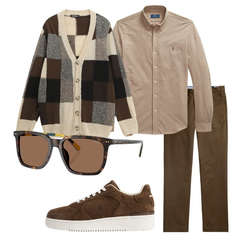 Outfit uomo - Eleganza in maglia. Stile Trendy per Tutti i giorni. Abbinamento con cardigans, camicie, pantaloni chino, sneakers, occhiali da sole.