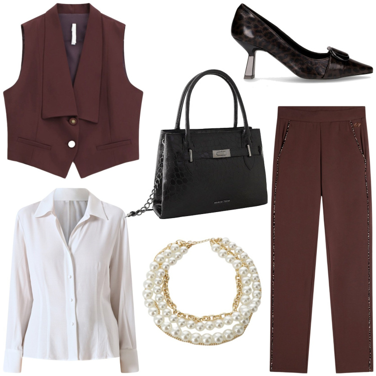 Outfit donna - Il tailleur glamour. Stile Glamour per Tutti i giorni. Abbinamento con borse a mano, camicie, gilet, pantaloni, collane, décolleté.