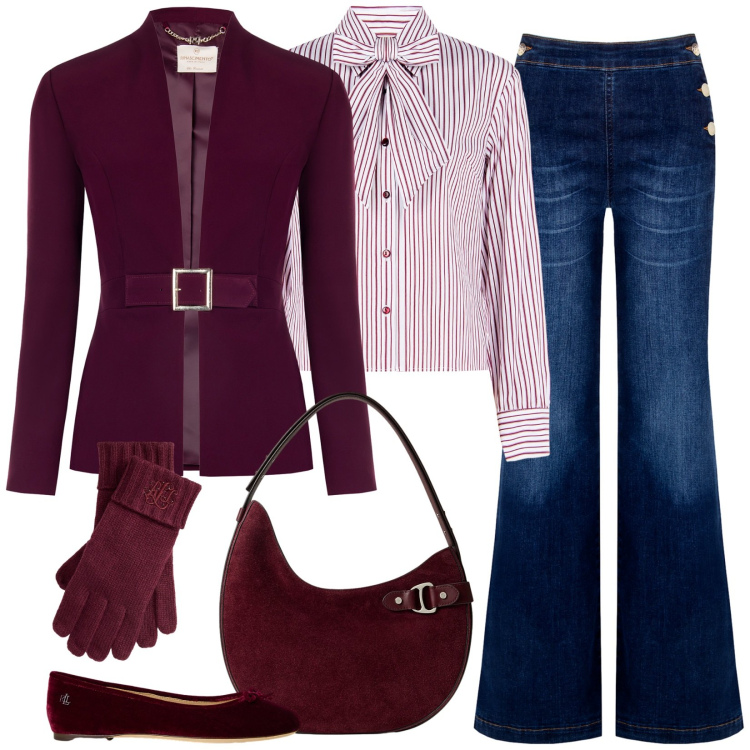 Outfit donna - Must have per l\'autunno. Stile Basic per Ufficio. Abbinamento con blazer, camicie, jeans, borse a spalla, ballerine, guanti.