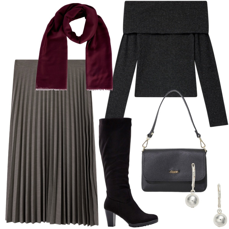 Outfit donna - Gonna e stivali. Stile Casual chic per Tutti i giorni. Abbinamento con stivali, gonne lunghe, foulard, maglieria, borse a tracolla, orecchini.