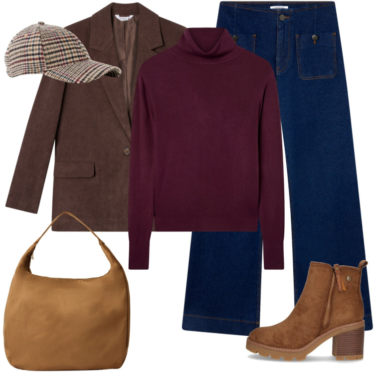 Outfit donna - Casual per il lavoro!. Stile Casual per Ufficio. Abbinamento con cappelli con visiera, blazer, jeans, borse a mano, maglieria, stivaletti.
