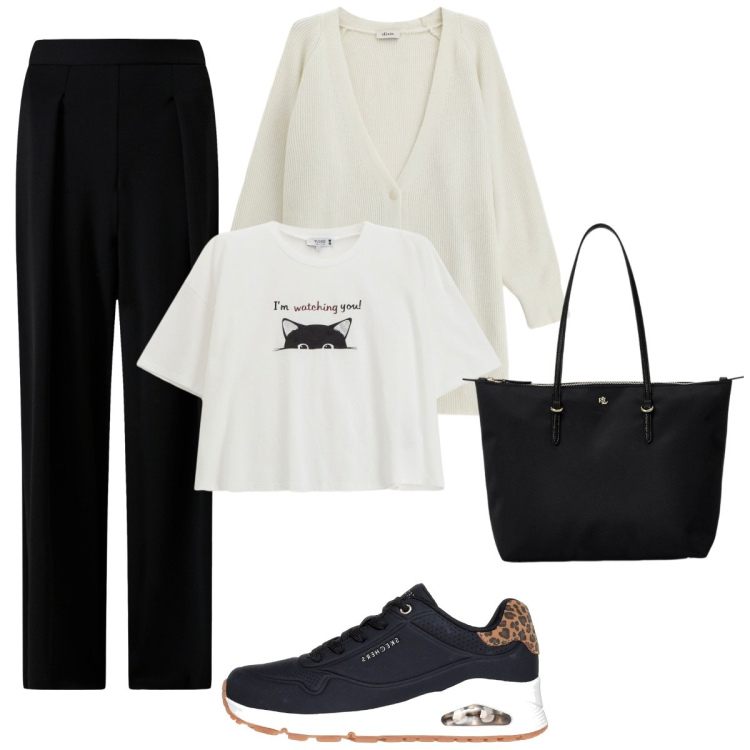 Outfit donna - Vado a fare spese. Stile Basic per Tutti i giorni. Abbinamento con t-shirt, pantaloni, cardigans, borse tote, sneakers.