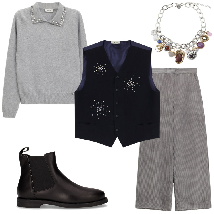 Outfit donna - Glamour autunnale. Stile Casual chic per Serata fuori. Abbinamento con maglieria, gilet, braccialetti con ciondoli, pantaloni a palazzo, stivaletti chelsea.