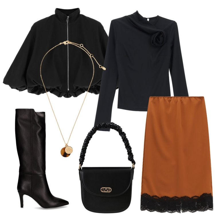 Outfit donna - Total look #2256446. Stile Chic per Tutti i giorni. Abbinamento con borse a mano, t-shirt, bomber, gonne longuette, collane, stivali.