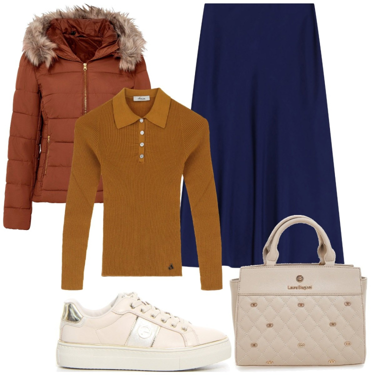 Outfit donna - Ispirazione. Stile Basic per Tutti i giorni. Abbinamento con giacche, gonne longuette, maglieria, borse a mano, sneakers.