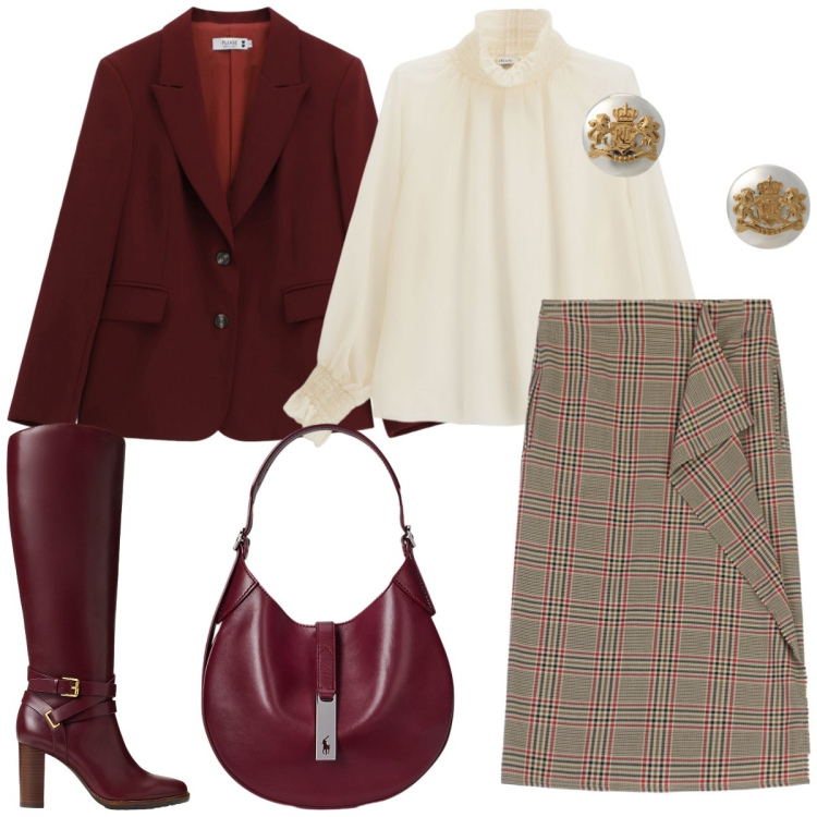 Outfit donna - Total look #2256448. Stile Chic per Ufficio. Abbinamento con blazer, camicie, gonne longuette, borse a spalla, orecchini, stivali.