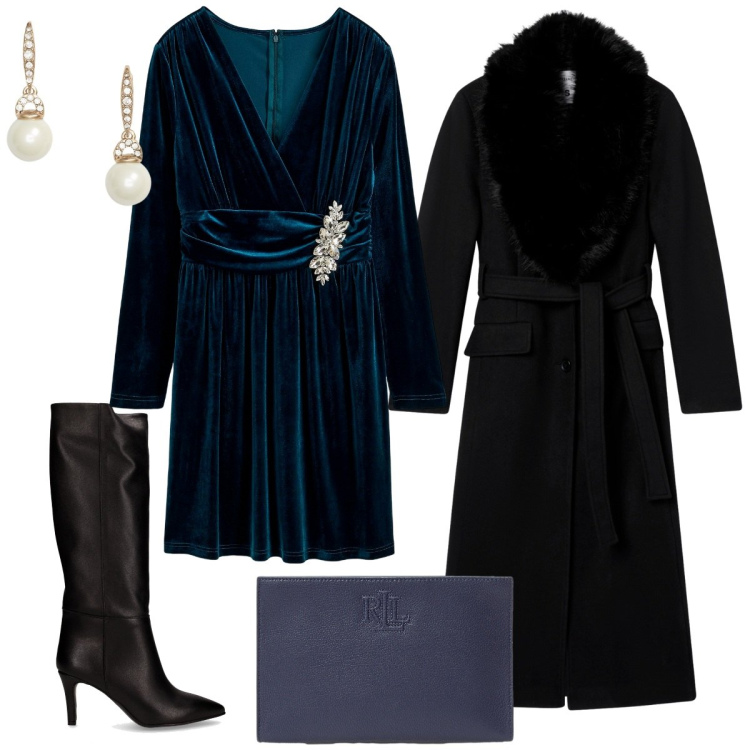 Outfit donna - Glamour autunnale. Stile Glamour per Serata fuori. Abbinamento con vestiti, cappotti, orecchini, pochette, stivali.