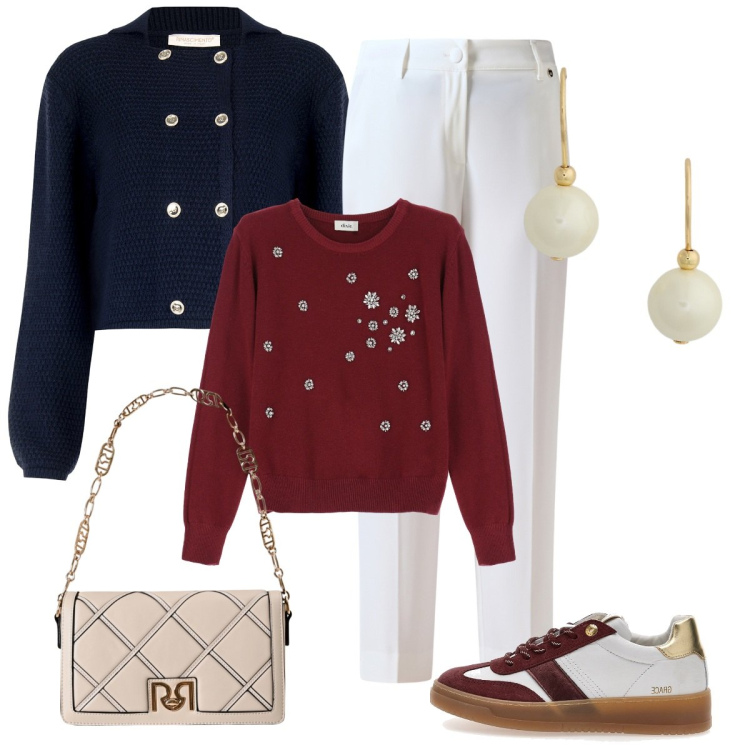 Outfit donna - Fai da te. Stile Basic per Tutti i giorni. Abbinamento con borse a tracolla, pantaloni, blazer, maglieria, orecchini, sneakers.