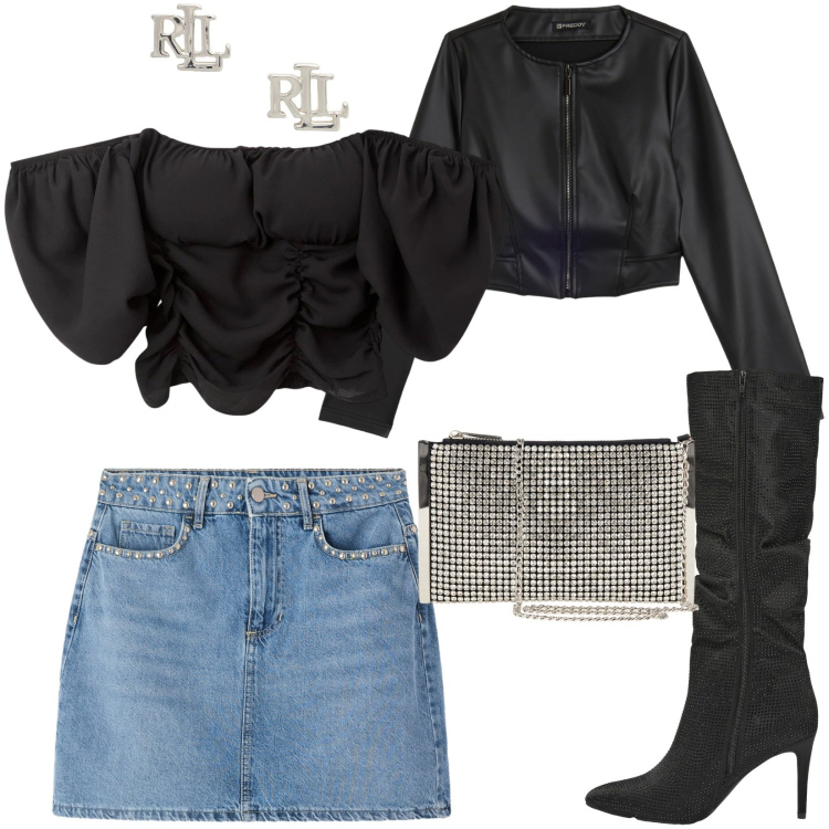 Outfit donna - Serata in due. Stile Sexy per Serata fuori. Abbinamento con minigonne, bluse, stivali, pochette, giacche, orecchini.