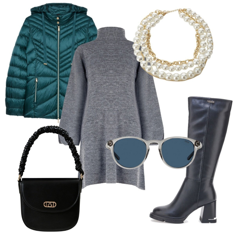 Outfit donna - L\'abito in maglia. Stile Basic per Serata fuori. Abbinamento con borse a mano, vestiti corti, collane, occhiali da sole, stivali, piumini.