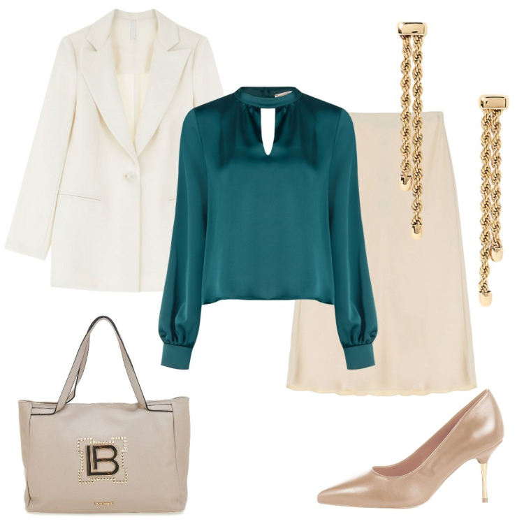 Outfit donna - L\'eleganza. Stile Basic per Tutti i giorni. Abbinamento con bluse, décolleté, blazer, gonne, orecchini, borse a spalla.