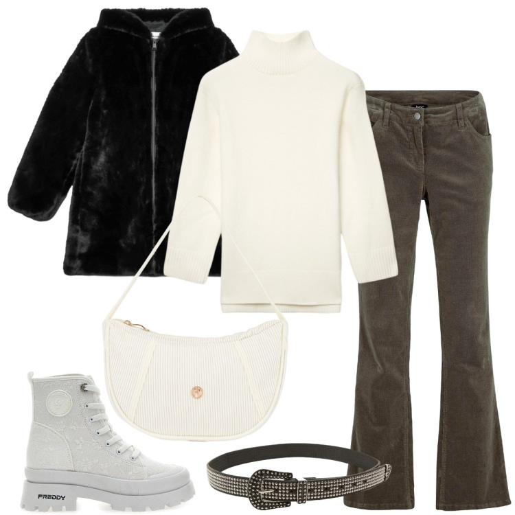 Outfit donna - Inizia il freddo. Stile Casual chic per Tutti i giorni. Abbinamento con pantaloni, cinture, cappotti, maglieria, borse a mano, stivaletti.