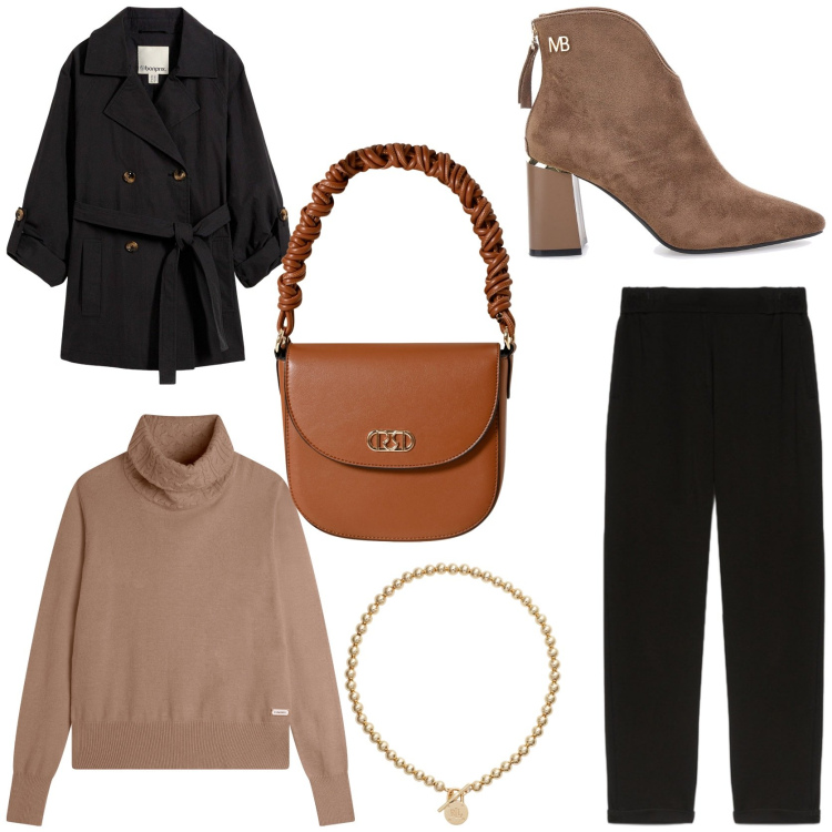 Outfit donna - Autumn outfit inspo. Stile Glamour per Tutti i giorni. Abbinamento con trench, borse a mano, maglieria, collane, pantaloni, stivaletti.
