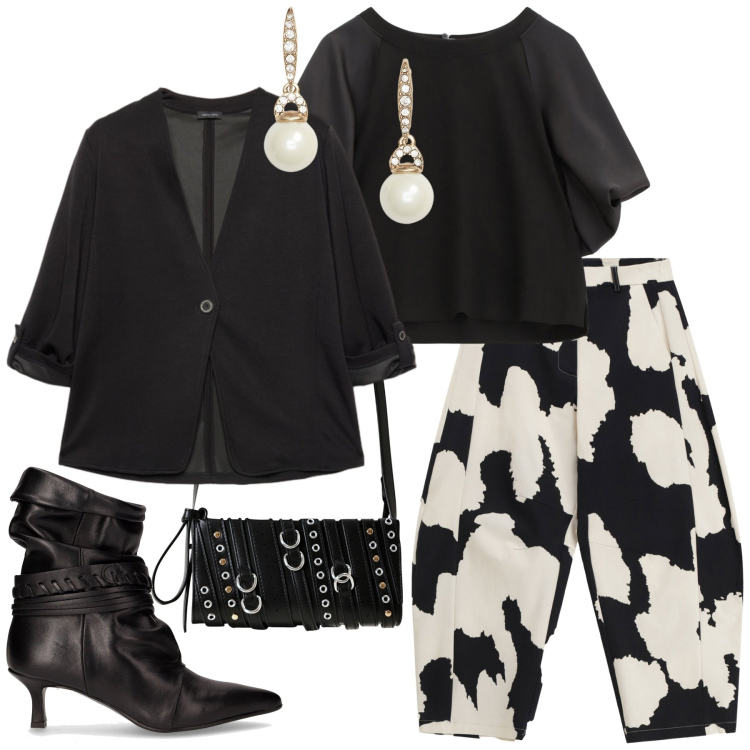 Outfit donna - Total look #2256460. Stile Trendy per Serata fuori. Abbinamento con borse a spalla, pantaloni a palazzo, bluse, orecchini, stivaletti, blazer.