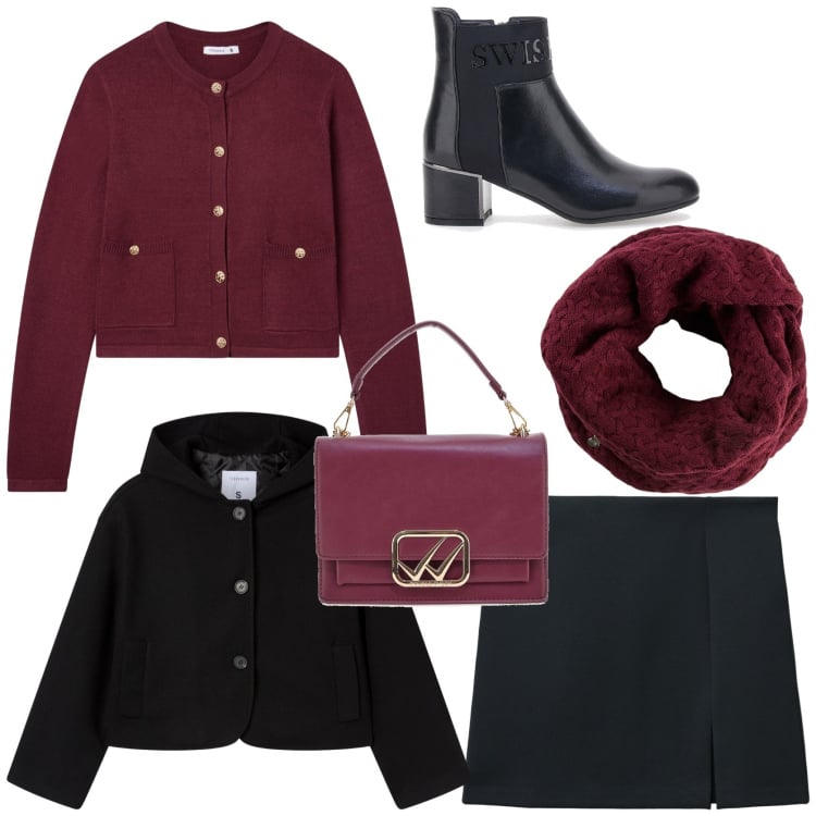 Outfit donna - Femminile e al caldo. Stile Chic per Tutti i giorni. Abbinamento con foulard, cardigans, caban, minigonne, stivaletti, borse a tracolla.