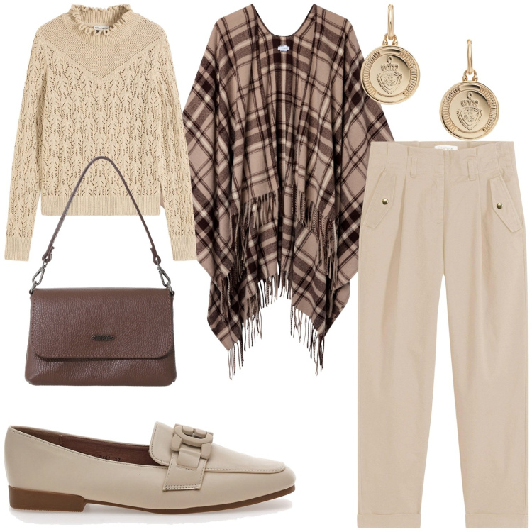 Outfit donna - Ispirazione chicco di caffè. Stile Chic per Ufficio. Abbinamento con maglieria, pantaloni, cappotti, borse a tracolla, orecchini, mocassini.
