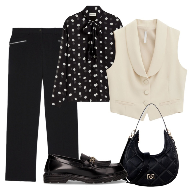 Outfit donna - Camicia a pois e gilet bianco. Stile Basic per Tutti i giorni. Abbinamento con camicie, borse a tracolla, gilet, mocassini, pantaloni.