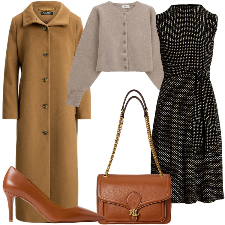 Outfit donna - Bon ton in ufficio. Stile Glamour per Ufficio. Abbinamento con cardigans, vestiti, décolleté, borse a spalla, cappotti.
