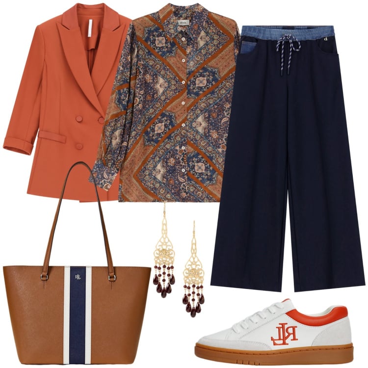 Outfit donna - Blazera arancione e jeans. Stile Glamour per Ufficio. Abbinamento con blazer, pantaloni a palazzo, camicie, borse tote, orecchini, sneakers.