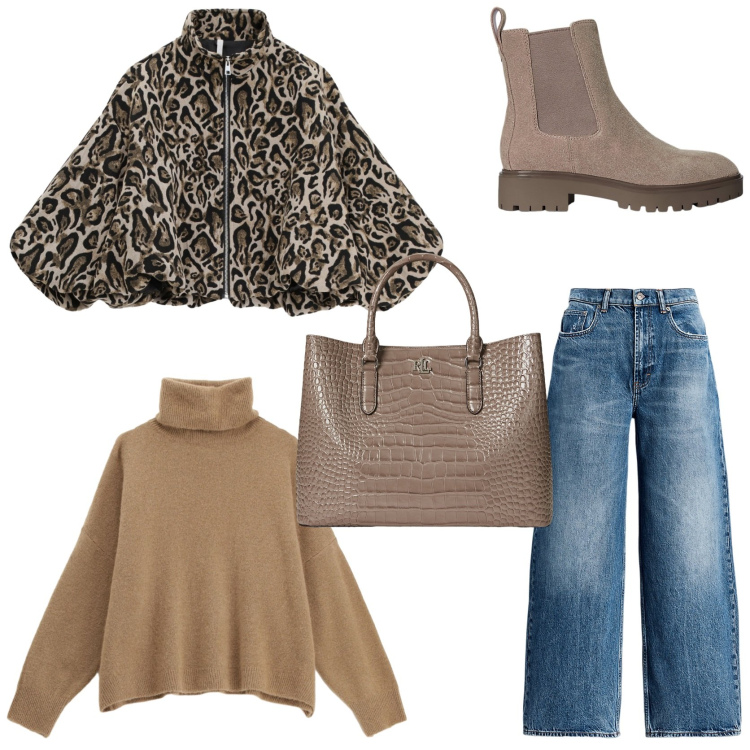 Outfit donna - Look animalier protagonista. Stile Glamour per Tutti i giorni. Abbinamento con bomber, maglieria, jeans, stivaletti chelsea, borse a mano.