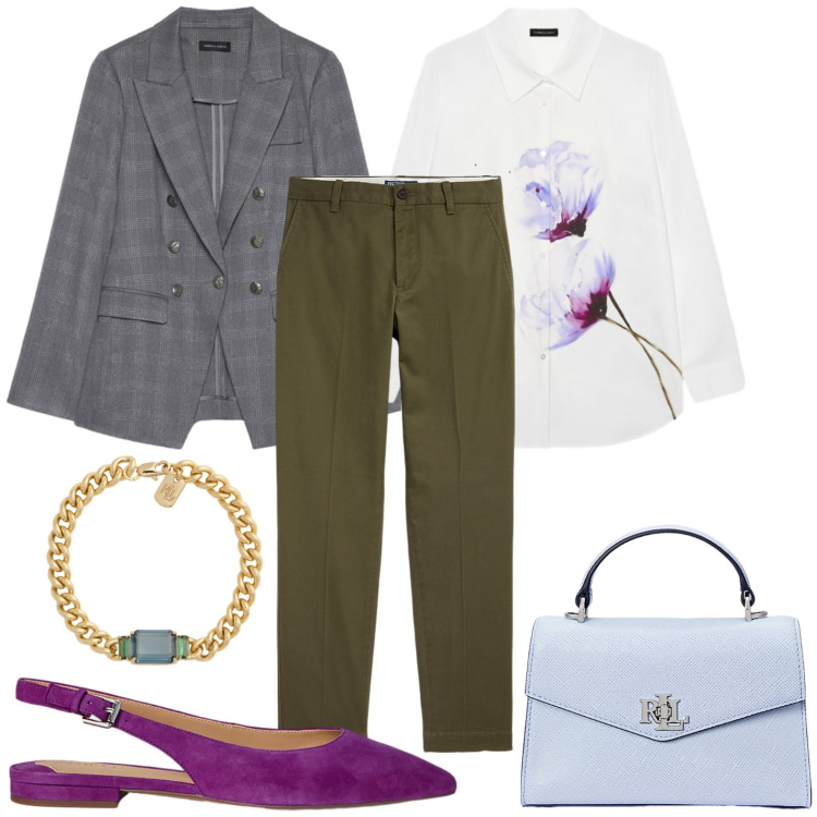 Outfit donna - Blazer e fiori. Stile Chic per Ufficio. Abbinamento con pantaloni chino, borse a mano, ballerine, braccialetti, blazer, camicie.