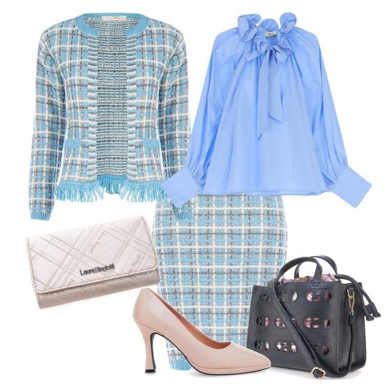 Outfit donna - Vado a fare shopping. Stile Basic per Tutti i giorni. Abbinamento con blazer, gonne, camicie, borse a mano, portafogli, décolleté.