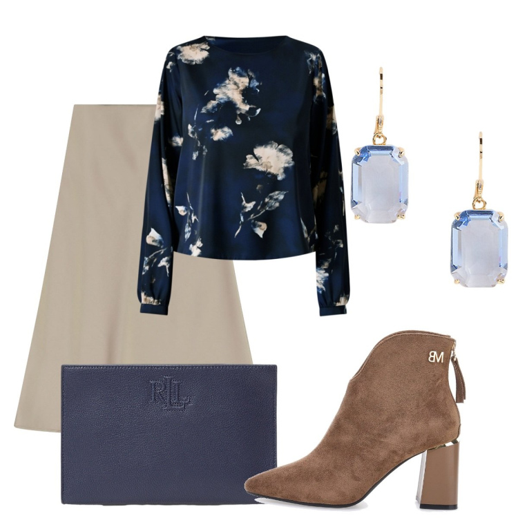 Outfit donna - L\'orecchino azzurro. Stile Bon Ton per Tutti i giorni. Abbinamento con bluse, gonne longuette, orecchini, pochette, stivaletti.