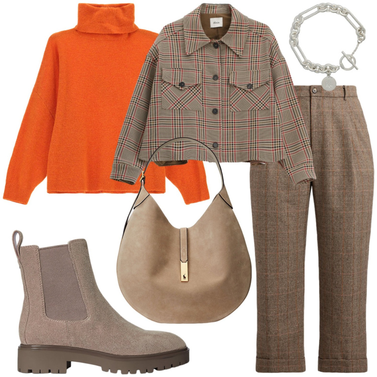 Outfit donna - Pullover vibrante. Stile Casual chic per Ufficio. Abbinamento con maglieria, cappotti, pantaloni, stivaletti chelsea, borse a spalla, braccialetti.