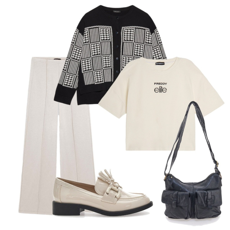 Outfit donna - Contrasti Sofisticati. Stile Basic per Tutti i giorni. Abbinamento con pantaloni, t-shirt, mocassini, cardigans, borse a tracolla.