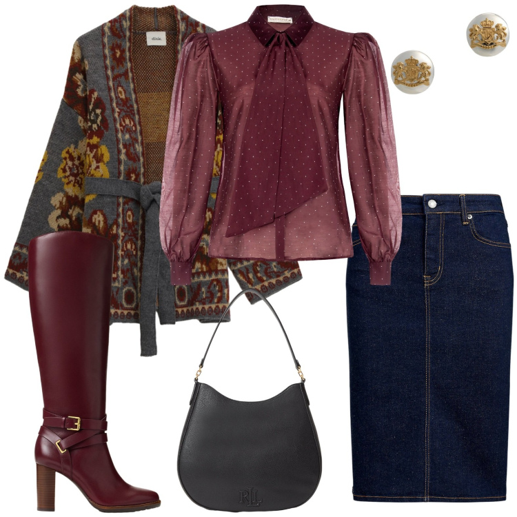 Outfit donna - Stivale Bordeaux. Stile Chic per Ufficio. Abbinamento con camicie, cardigans, gonne, orecchini, stivali, borse a spalla.