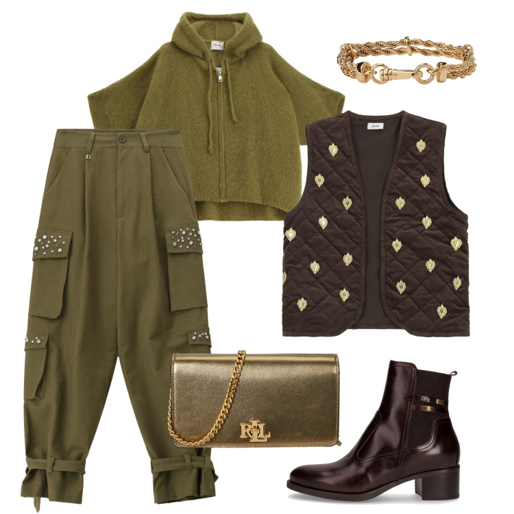 Outfit donna - Urbana “brillante”. Stile Urban per Tutti i giorni. Abbinamento con gilet, pantaloni cargo, cardigans, braccialetti, borse a mano, stivaletti.