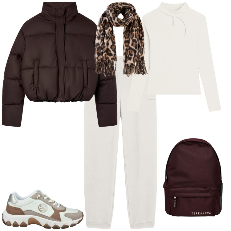 Outfit donna - Total look #2256483. Stile Sporty chic per Scuola/Università. Abbinamento con foulard, zaini, bomber, maglieria, pantaloni, sneakers.