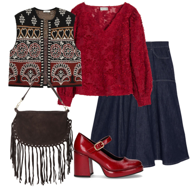 Outfit donna - Total look #2256484. Stile Vintage retrò per Tutti i giorni. Abbinamento con bluse, gilet, borse a tracolla, gonne lunghe, décolleté.