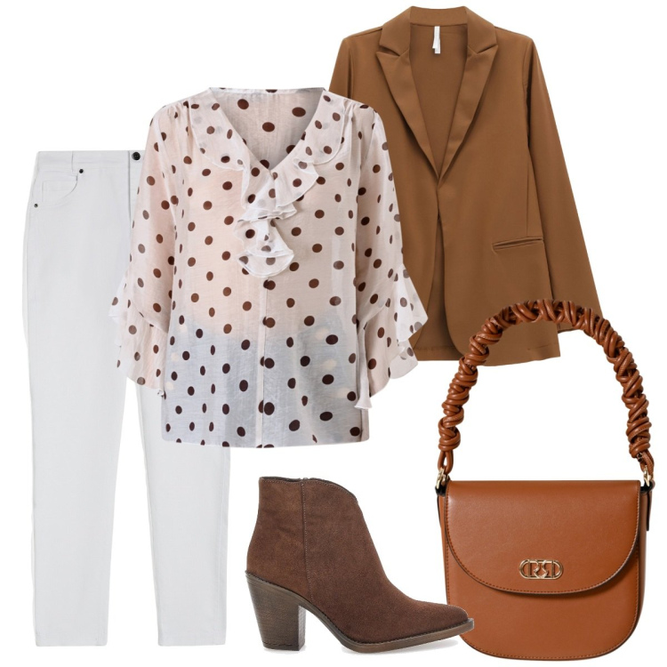 Outfit donna - Toni Caldi su Tela Bianca. Stile Basic per Tutti i giorni. Abbinamento con bluse, borse a mano, blazer, pantaloni skinny, stivaletti.