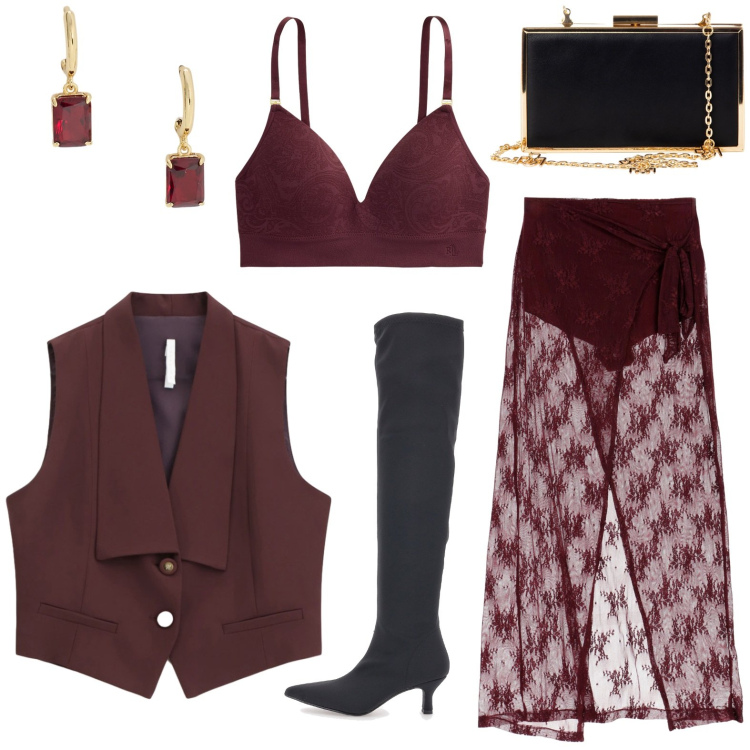 Outfit donna - Serata disco. Stile Glamour per Serata fuori. Abbinamento con pochette, gilet, gonne lunghe, reggiseni, orecchini, stivali.