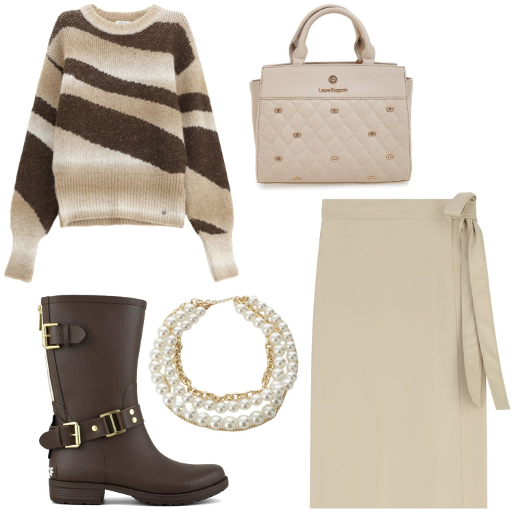 Outfit donna - Ispirazione ottobre. Stile Casual chic per Ufficio. Abbinamento con pullovers, gonne longuette, collane, stivali, borse a mano.