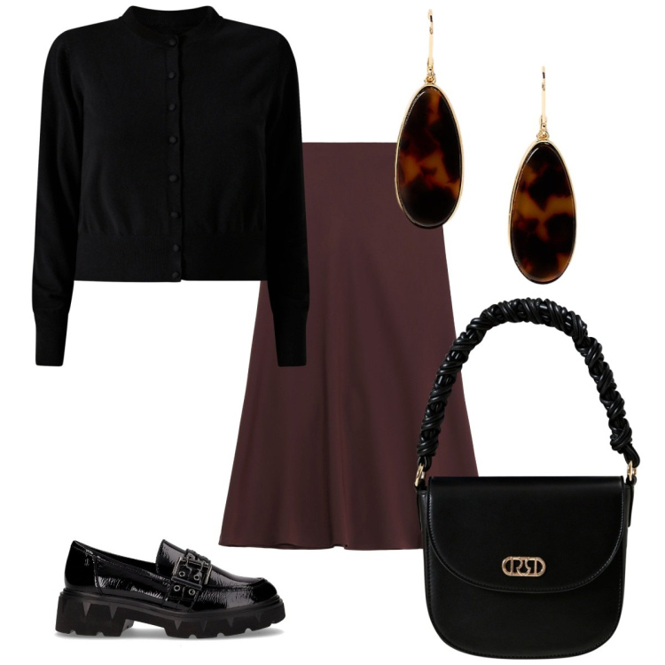Outfit donna - Oro Nascosto tra le Ombre. Stile Basic per Serata fuori. Abbinamento con borse a mano, cardigans, gonne longuette, orecchini, mocassini.