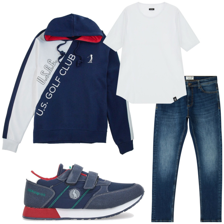 Outfit uomo - Total look #2256493. Stile Casual per Tutti i giorni. Abbinamento con jeans skinny, t-shirt, sneakers, felpe.