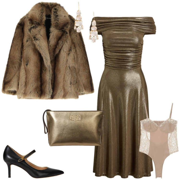 Outfit donna - Serata evento speciale. Stile Glamour per Serata fuori. Abbinamento con vestiti corti, body, vestiti, orecchini, décolleté, pochette.