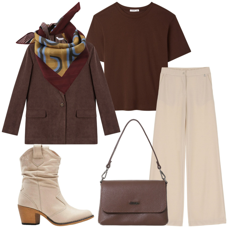 Outfit donna - Total look #2256497. Stile Casual chic per Tutti i giorni. Abbinamento con stivaletti texani, blazer, t-shirt, pantaloni, borse a tracolla, foulard.