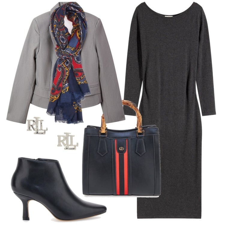 Outfit donna - Riunione di lavoro. Stile Bon Ton per Ufficio. Abbinamento con vestiti midi/longuette, blazer, orecchini, stivaletti, borse a tracolla, foulard.