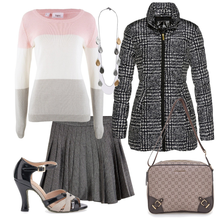 Outfit donna - Total look #2256503. Stile Casual chic per Ufficio. Abbinamento con maglieria, giacche, minigonne, sandali col tacco, borse a tracolla, collane.
