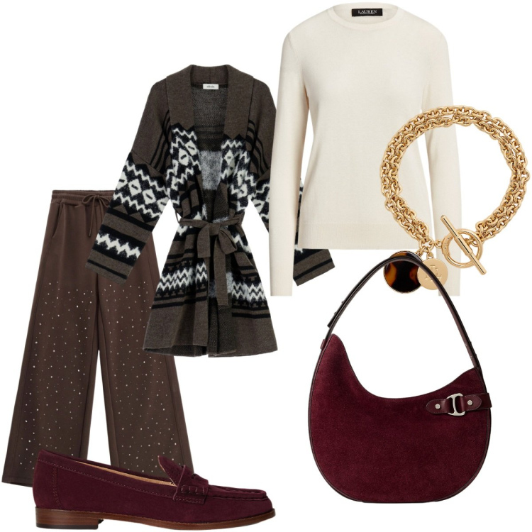 Outfit donna - Inizia il freddo. Stile Casual per Tutti i giorni. Abbinamento con pantaloni, cappotti, maglieria, braccialetti con ciondoli, mocassini, borse a spalla.