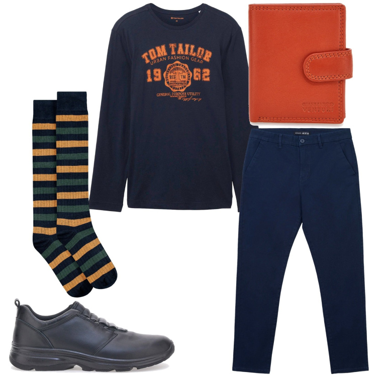 Outfit uomo - Total look #2256507. Stile Casual per Tutti i giorni. Abbinamento con maglieria, pantaloni chino, scarpe stringate, portafogli, calzini.