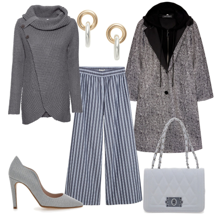 Outfit donna - Total look #2256509. Stile Casual chic per Ufficio. Abbinamento con maglieria, pantaloni a palazzo, orecchini, borse a tracolla, décolleté, cappotti.